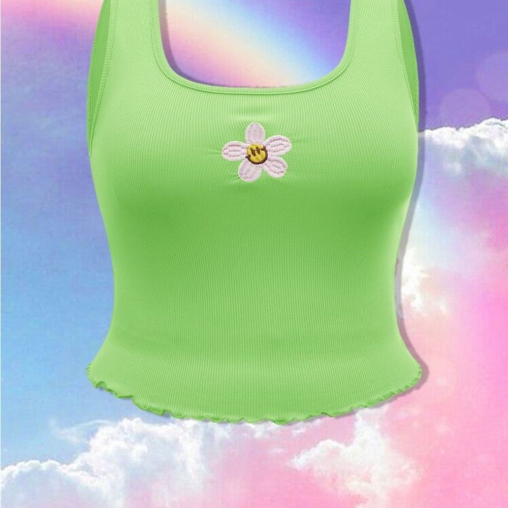 SHEIN Floral Embroidery Lettuce Trim Tank - Lime Green